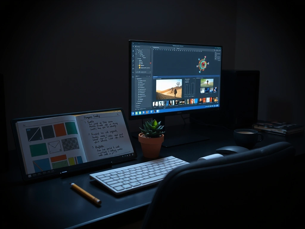 A cinematic view inside a game development studio showing tools and sketches